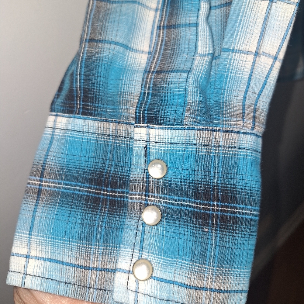 Wrangler Western Fasion Pearl Snap Buttons Shirt Mens Sz Large L Blue - Picture 4 of 5
